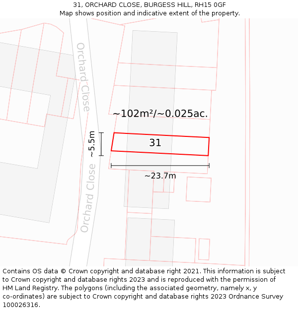 31, ORCHARD CLOSE, BURGESS HILL, RH15 0GF: Plot and title map
