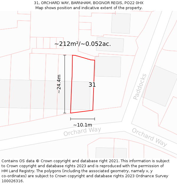 31, ORCHARD WAY, BARNHAM, BOGNOR REGIS, PO22 0HX: Plot and title map