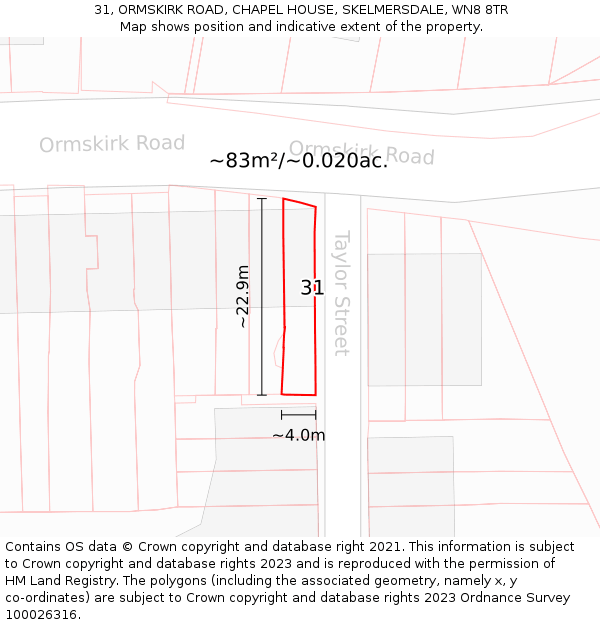 31, ORMSKIRK ROAD, CHAPEL HOUSE, SKELMERSDALE, WN8 8TR: Plot and title map