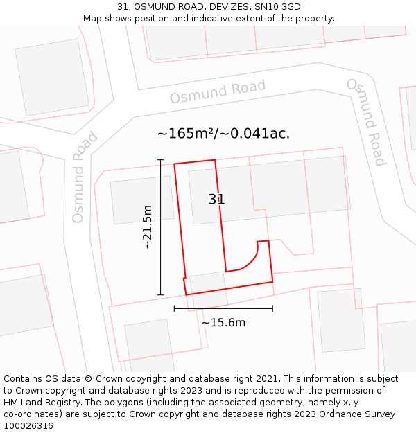 31, OSMUND ROAD, DEVIZES, SN10 3GD: Plot and title map