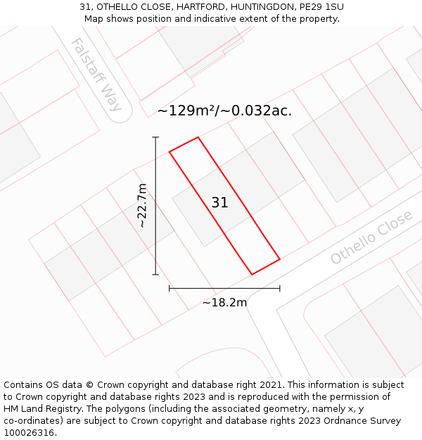 31, OTHELLO CLOSE, HARTFORD, HUNTINGDON, PE29 1SU: Plot and title map