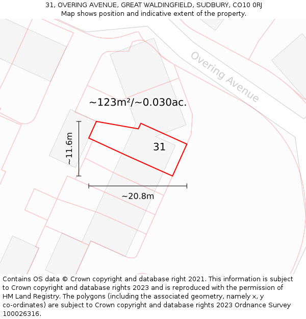 31, OVERING AVENUE, GREAT WALDINGFIELD, SUDBURY, CO10 0RJ: Plot and title map