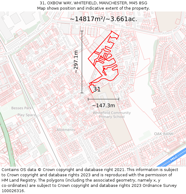 31, OXBOW WAY, WHITEFIELD, MANCHESTER, M45 8SG: Plot and title map