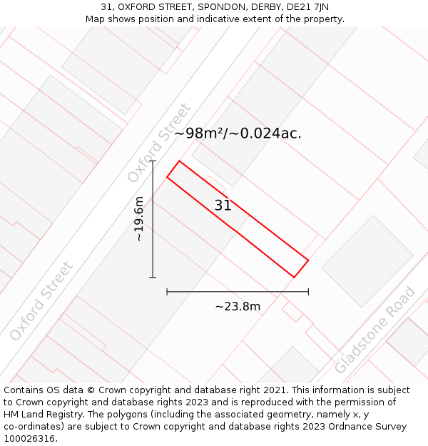 31, OXFORD STREET, SPONDON, DERBY, DE21 7JN: Plot and title map