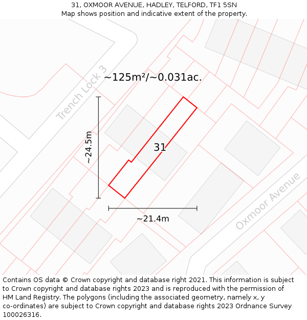 31, OXMOOR AVENUE, HADLEY, TELFORD, TF1 5SN: Plot and title map