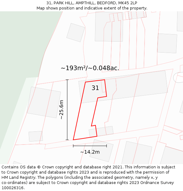31, PARK HILL, AMPTHILL, BEDFORD, MK45 2LP: Plot and title map