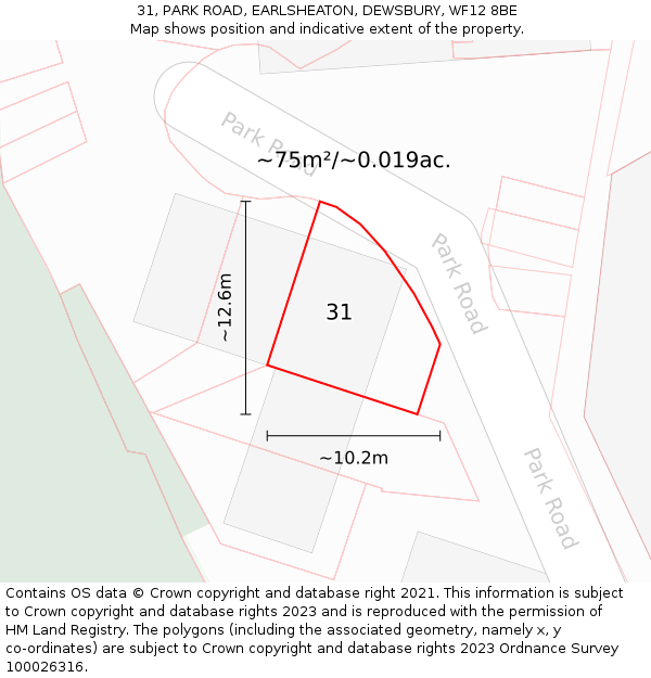 31, PARK ROAD, EARLSHEATON, DEWSBURY, WF12 8BE: Plot and title map