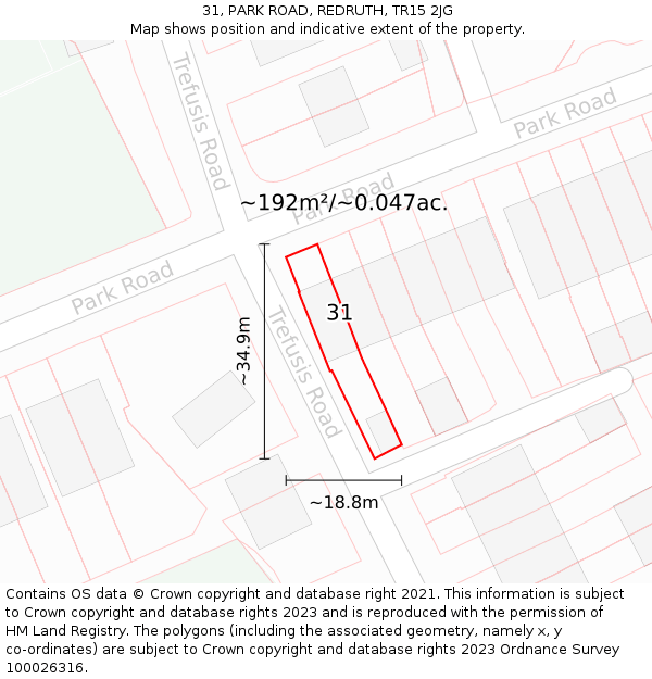 31, PARK ROAD, REDRUTH, TR15 2JG: Plot and title map