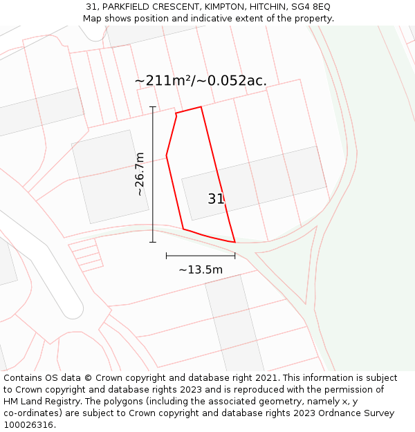31, PARKFIELD CRESCENT, KIMPTON, HITCHIN, SG4 8EQ: Plot and title map