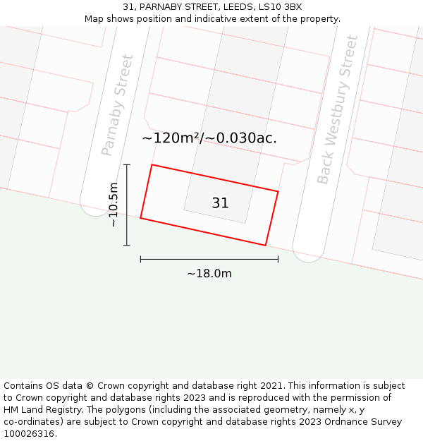 31, PARNABY STREET, LEEDS, LS10 3BX: Plot and title map