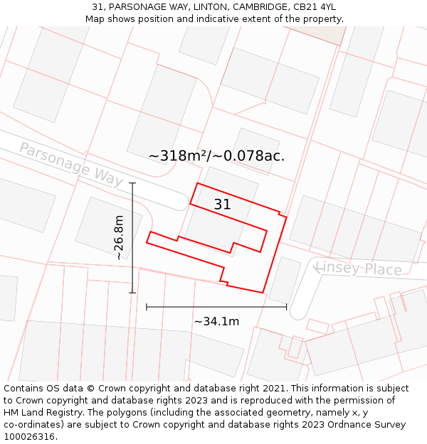 31, PARSONAGE WAY, LINTON, CAMBRIDGE, CB21 4YL: Plot and title map