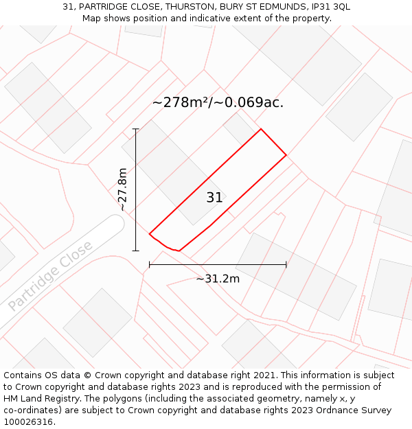 31, PARTRIDGE CLOSE, THURSTON, BURY ST EDMUNDS, IP31 3QL: Plot and title map