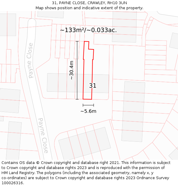 31, PAYNE CLOSE, CRAWLEY, RH10 3UN: Plot and title map