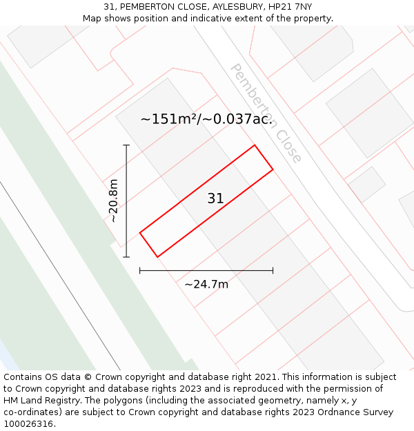 31, PEMBERTON CLOSE, AYLESBURY, HP21 7NY: Plot and title map