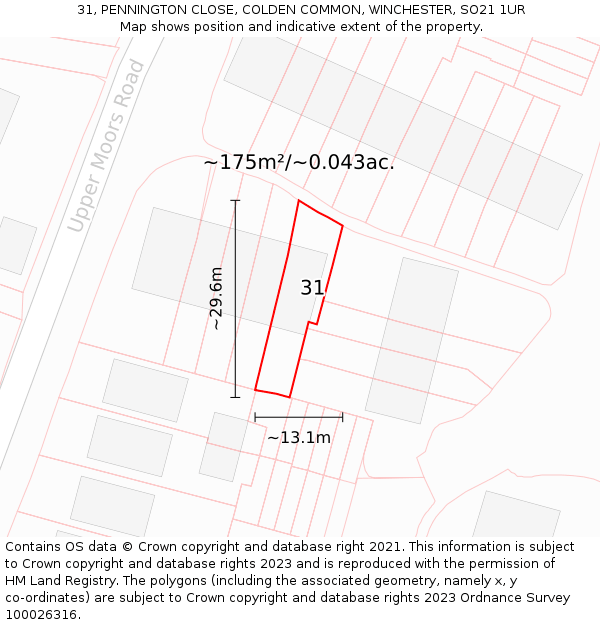 31, PENNINGTON CLOSE, COLDEN COMMON, WINCHESTER, SO21 1UR: Plot and title map