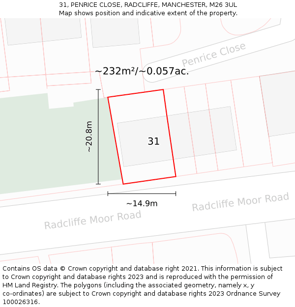 31, PENRICE CLOSE, RADCLIFFE, MANCHESTER, M26 3UL: Plot and title map