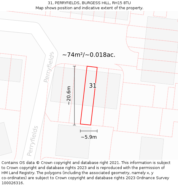 31, PERRYFIELDS, BURGESS HILL, RH15 8TU: Plot and title map
