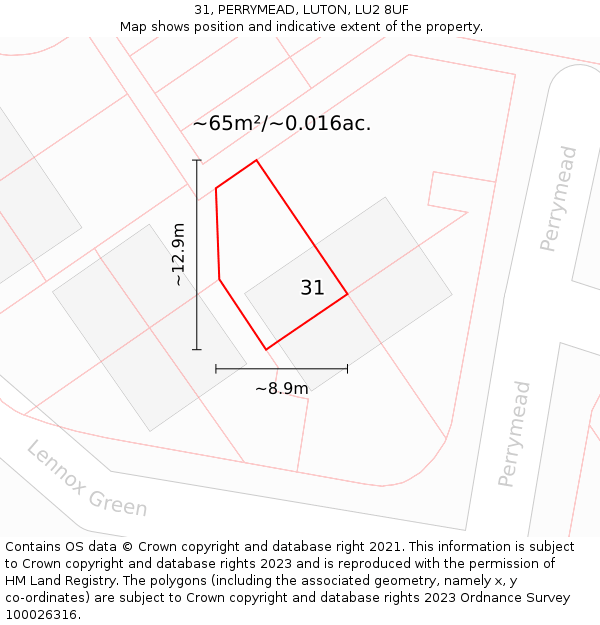 31, PERRYMEAD, LUTON, LU2 8UF: Plot and title map