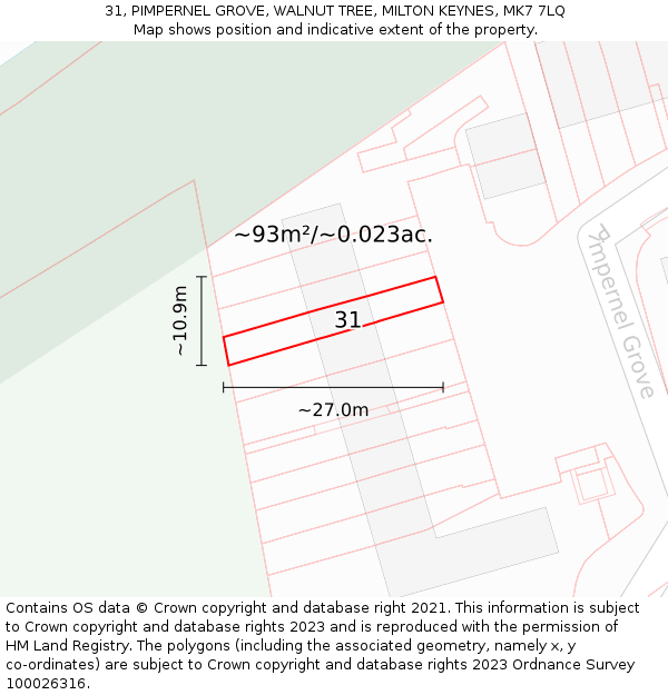 31, PIMPERNEL GROVE, WALNUT TREE, MILTON KEYNES, MK7 7LQ: Plot and title map