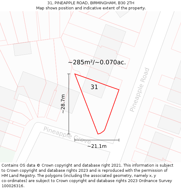 31, PINEAPPLE ROAD, BIRMINGHAM, B30 2TH: Plot and title map