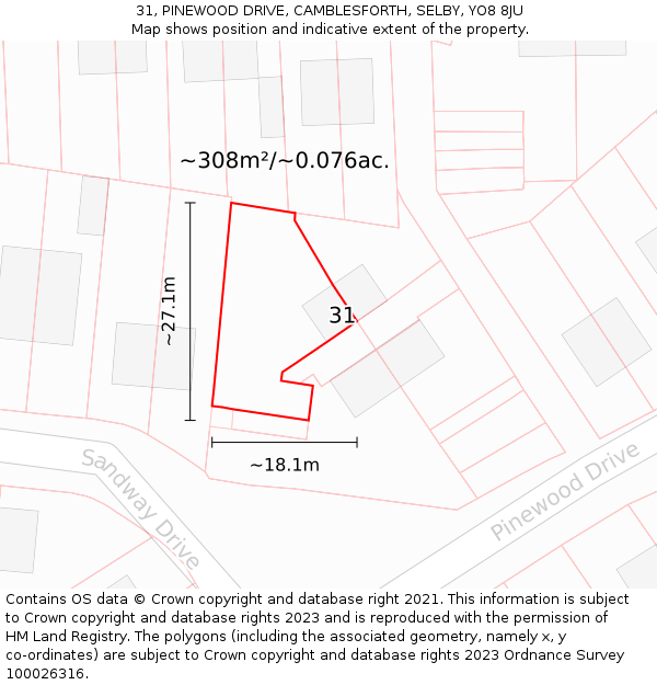 31, PINEWOOD DRIVE, CAMBLESFORTH, SELBY, YO8 8JU: Plot and title map