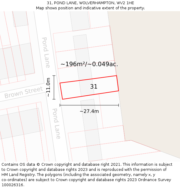 31, POND LANE, WOLVERHAMPTON, WV2 1HE: Plot and title map