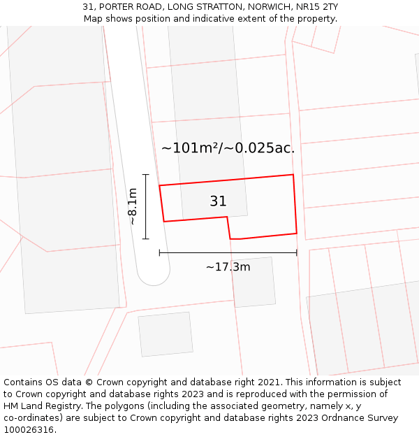 31, PORTER ROAD, LONG STRATTON, NORWICH, NR15 2TY: Plot and title map