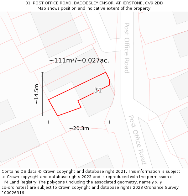 31, POST OFFICE ROAD, BADDESLEY ENSOR, ATHERSTONE, CV9 2DD: Plot and title map