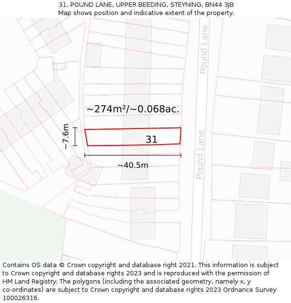31, POUND LANE, UPPER BEEDING, STEYNING, BN44 3JB: Plot and title map