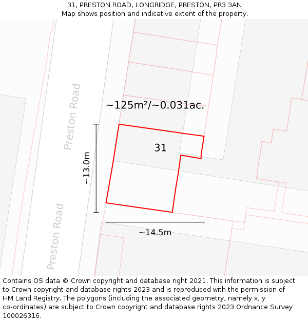 31, PRESTON ROAD, LONGRIDGE, PRESTON, PR3 3AN: Plot and title map