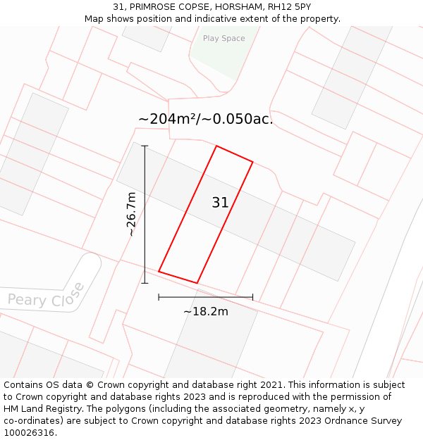 31, PRIMROSE COPSE, HORSHAM, RH12 5PY: Plot and title map