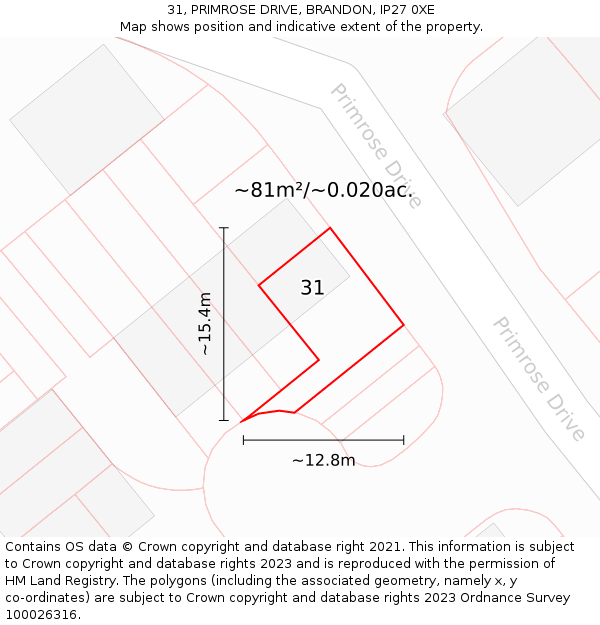 31, PRIMROSE DRIVE, BRANDON, IP27 0XE: Plot and title map