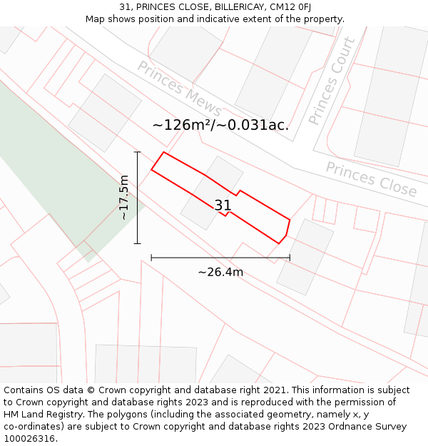 31, PRINCES CLOSE, BILLERICAY, CM12 0FJ: Plot and title map