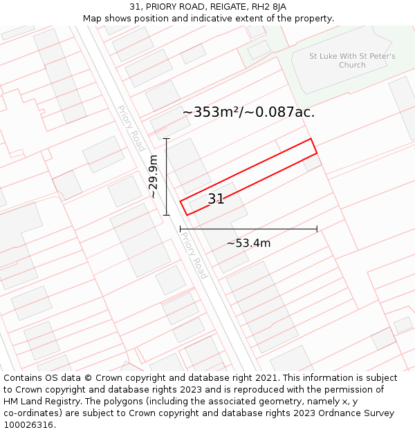 31, PRIORY ROAD, REIGATE, RH2 8JA: Plot and title map