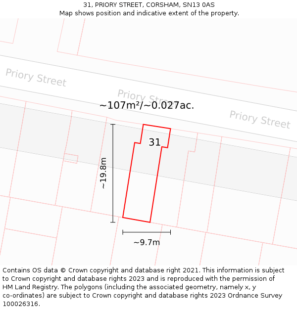 31, PRIORY STREET, CORSHAM, SN13 0AS: Plot and title map