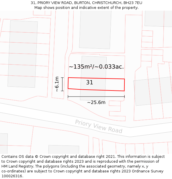31, PRIORY VIEW ROAD, BURTON, CHRISTCHURCH, BH23 7EU: Plot and title map