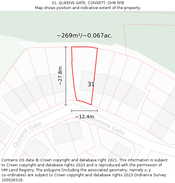 31, QUEENS GATE, CONSETT, DH8 5FB: Plot and title map