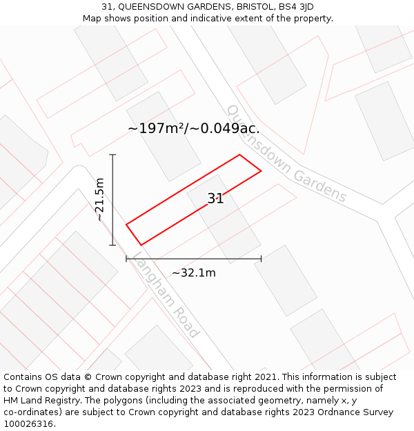 31, QUEENSDOWN GARDENS, BRISTOL, BS4 3JD: Plot and title map