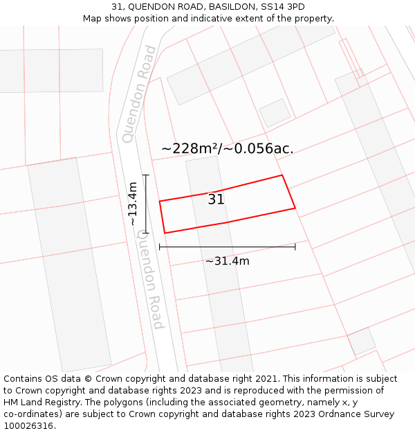 31, QUENDON ROAD, BASILDON, SS14 3PD: Plot and title map