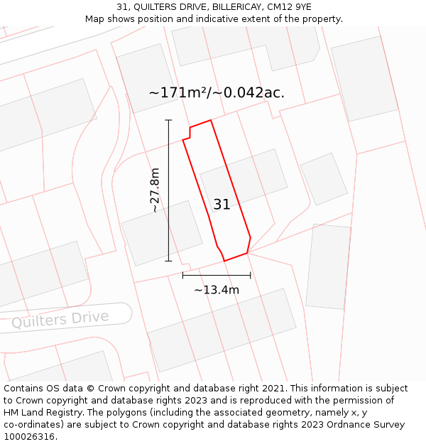 31, QUILTERS DRIVE, BILLERICAY, CM12 9YE: Plot and title map