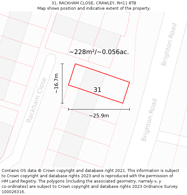 31, RACKHAM CLOSE, CRAWLEY, RH11 8TB: Plot and title map