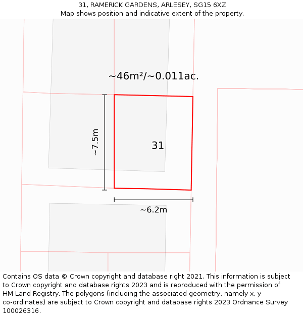 31, RAMERICK GARDENS, ARLESEY, SG15 6XZ: Plot and title map