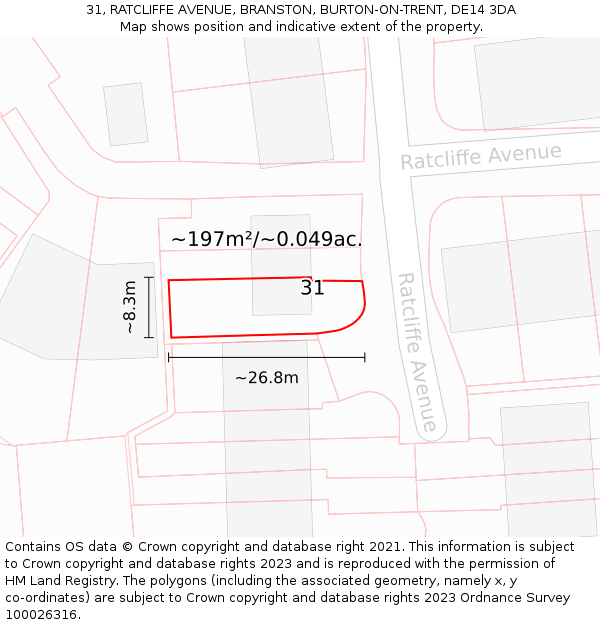 31, RATCLIFFE AVENUE, BRANSTON, BURTON-ON-TRENT, DE14 3DA: Plot and title map