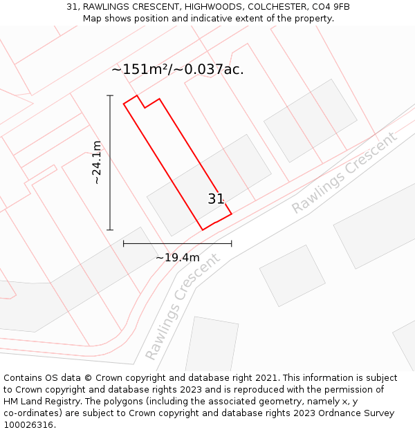31, RAWLINGS CRESCENT, HIGHWOODS, COLCHESTER, CO4 9FB: Plot and title map
