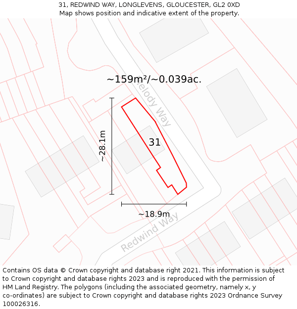 31, REDWIND WAY, LONGLEVENS, GLOUCESTER, GL2 0XD: Plot and title map