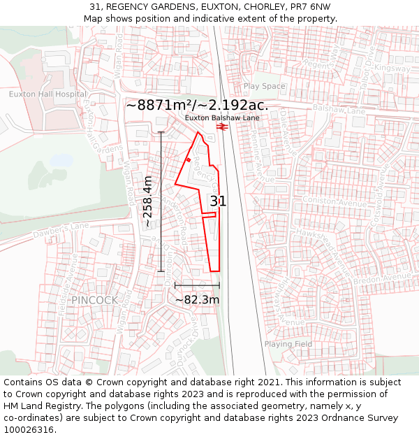 31, REGENCY GARDENS, EUXTON, CHORLEY, PR7 6NW: Plot and title map