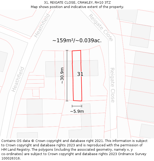 31, REIGATE CLOSE, CRAWLEY, RH10 3TZ: Plot and title map