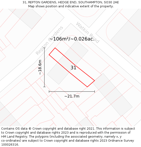 31, REPTON GARDENS, HEDGE END, SOUTHAMPTON, SO30 2AE: Plot and title map