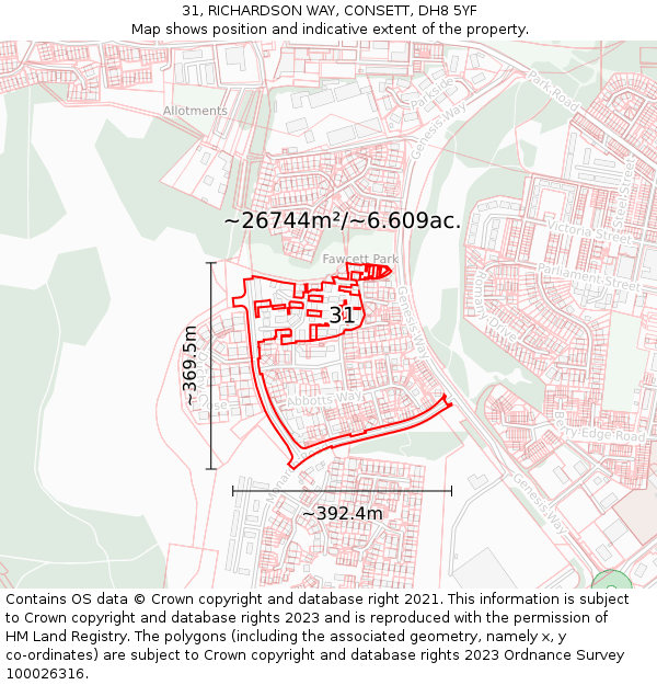 31, RICHARDSON WAY, CONSETT, DH8 5YF: Plot and title map
