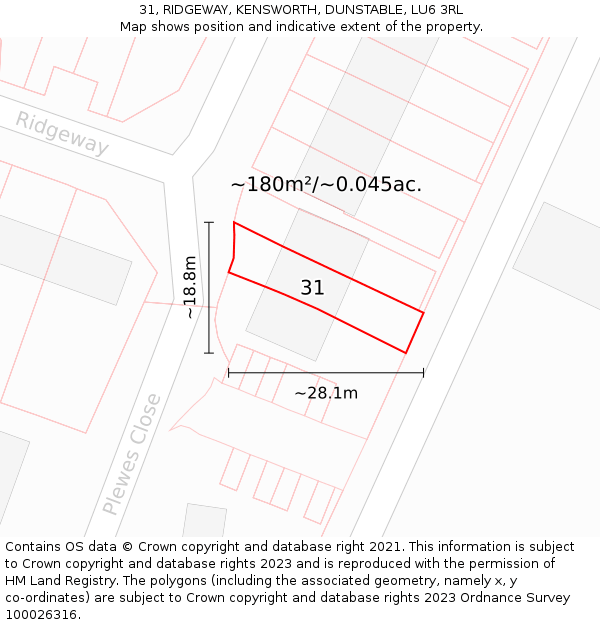 31, RIDGEWAY, KENSWORTH, DUNSTABLE, LU6 3RL: Plot and title map